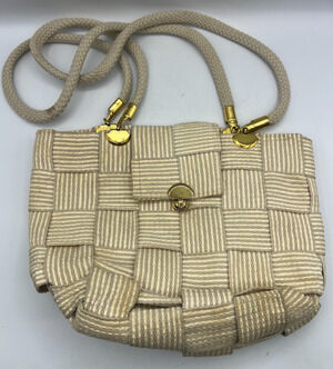 Vintage 70s 80s Made in Italy Woven Shoulder Bag Cream Gold Tone Purse